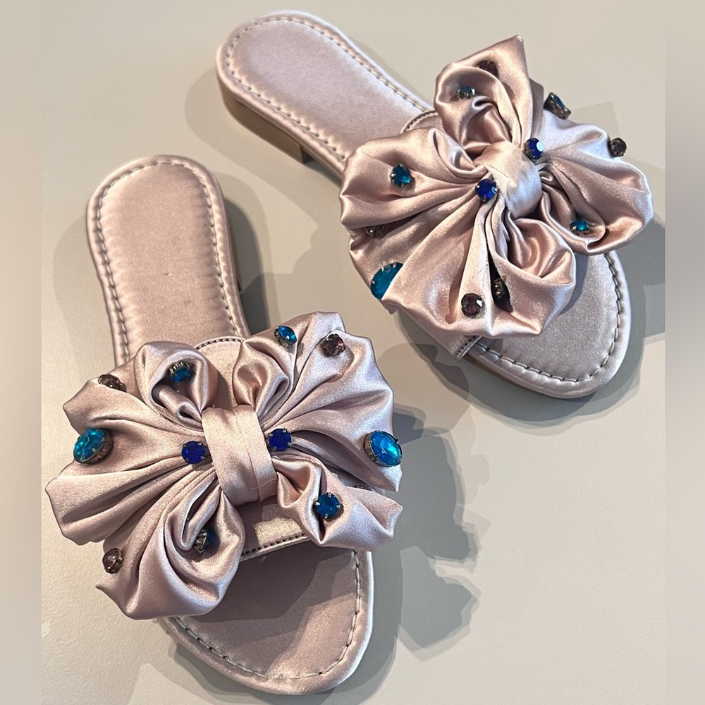 Flat cute satin bow women's sandals in pink